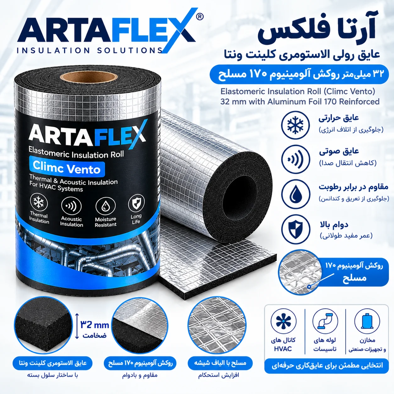 عایق رولی الاستومری کلینت ونتا ۳۲ میلیمتر روکش آلومینیوم ۱۷۰ مسلح