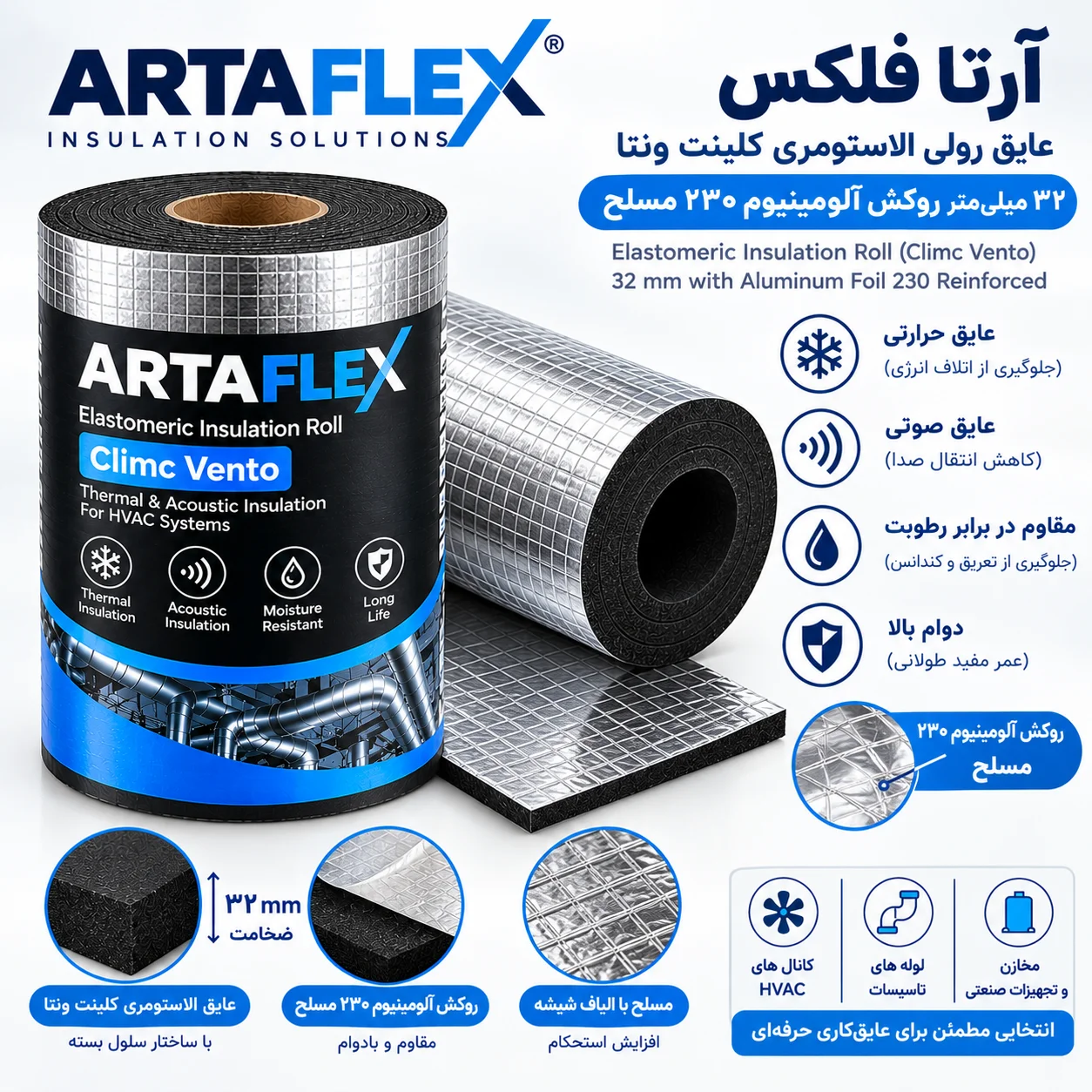 عایق رولی الاستومری کلینت ونتا ۳۲ میلیمتر روکش آلومینیوم ۲۳۰ مسلح